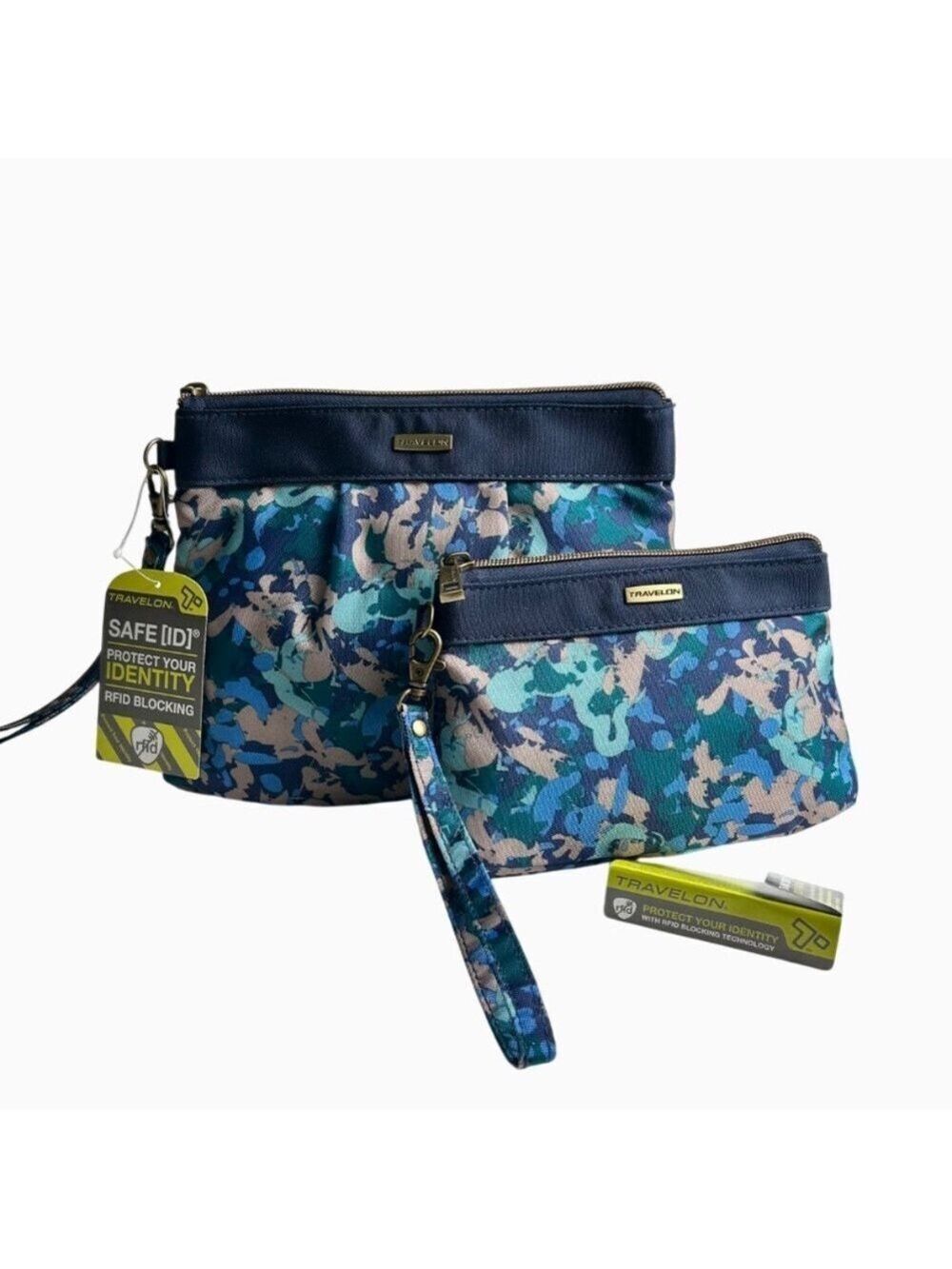 NWT Set of 2 Travelon RFID Blocking Anti-Theft Wristlets in Blue Floral Camo
